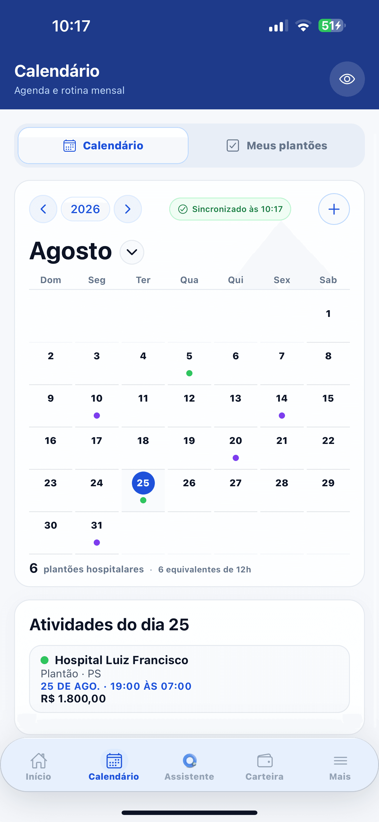 Tela real do calendário do Dosefy Plantão