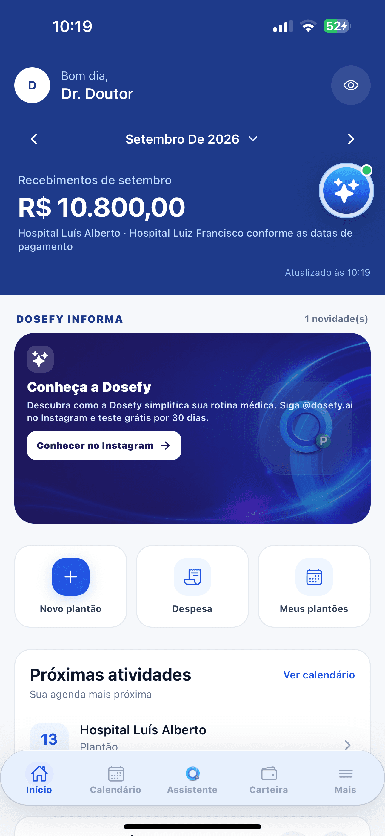 Tela real do Dosefy Plantão: Resumo do mês